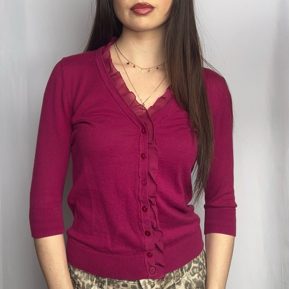 Merona Women's Ruffled V-Neck Cardigan Sweater - Fuchsia